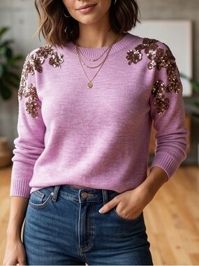 J. Crew Pink Sequin Floral Crewneck Sweater